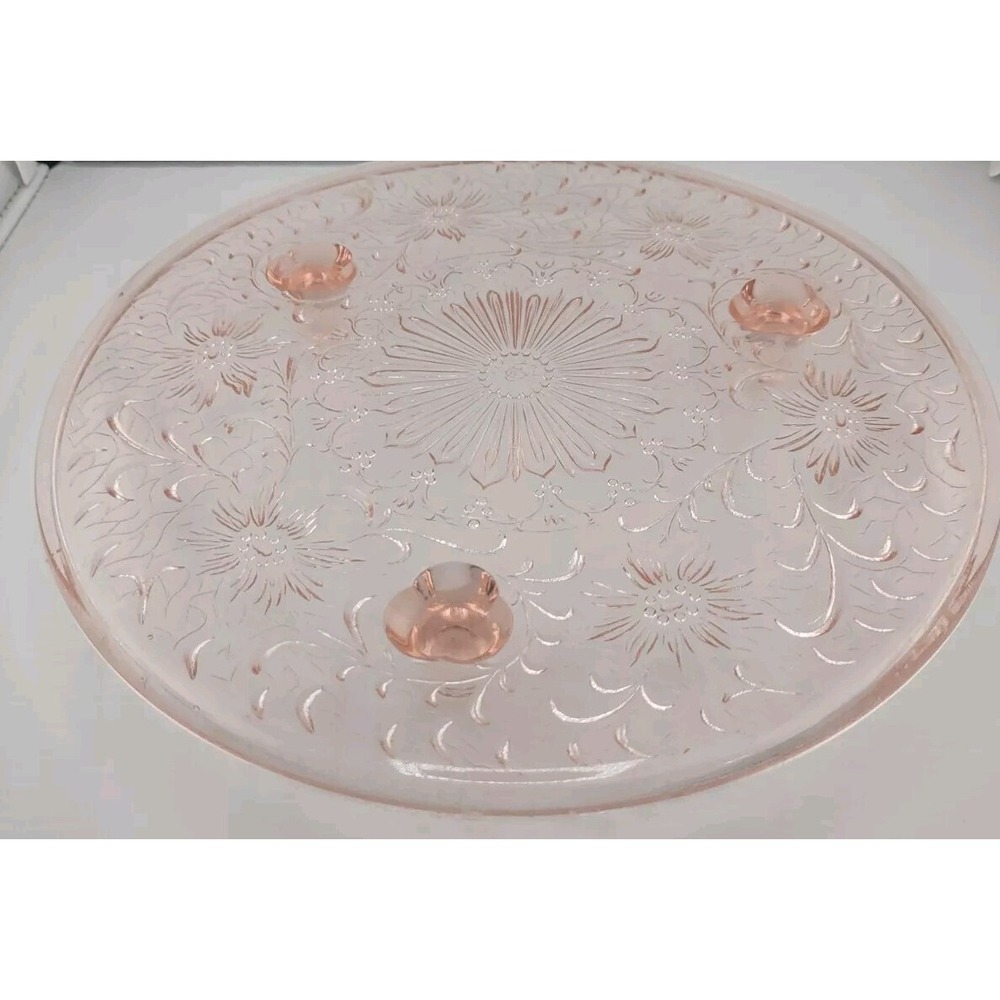 DEPRESSION GLASS PINK FOOTED FLOWER DAISY CAKE PLATE SANDWICH TRAY EUC Rare‎